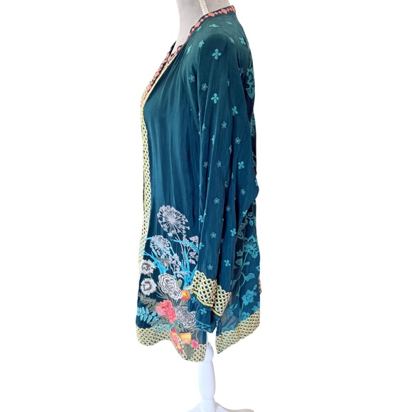 Johnny Was Tunic Women Large Teal Floral Embroidered Cupra Rayon Boho Split Neck - Picture 4 of 13